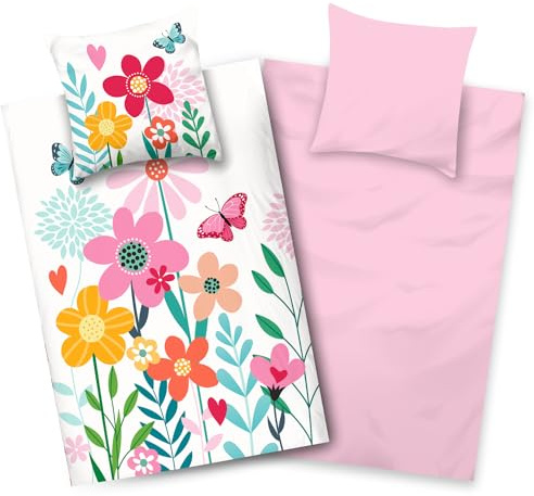 Aminata Kids Bäddset Barn Sängkläder 135 x 200 Flickor Blommor Bomull Vändbar Set Blommor YKK-dragkedja Färgglada Presenter