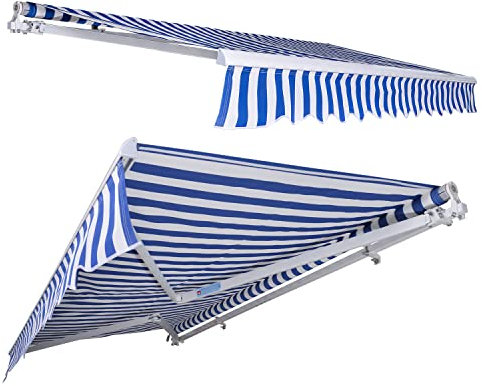 Jayseuw Tenda da sole con braccio snodato, 350 x 300 cm, tenda da sole per balcone, protezione solare manuale, in alluminio e poliestere da 280 g/㎡, per balcone, terrazza, cortili, colore: blu/bianco