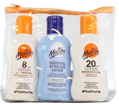 Malibu Sun Travel Essentials with Medium and Low Suncream Protection and Soothing Aftersun Lotion, Water Resistant, SPF 8 and 20, Multipack, 3 x 100ml