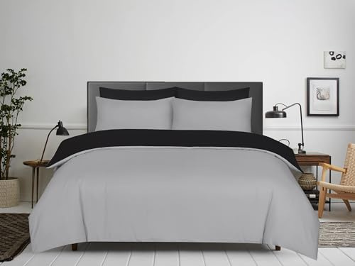 APEX FURNISHINGS Double Duvet Cover Sets - 100% Brushed Microfiber Bedding Quilt Cover with Pillowcases - Grey/Black