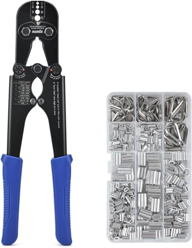 iCrimp - Kit di strumenti per crimpatura funi metalliche, con 330 manicotti ad anello e 45 pezzi in acciaio inox, kit con tagliacavi integrato, strumento di crimpatura per pesca