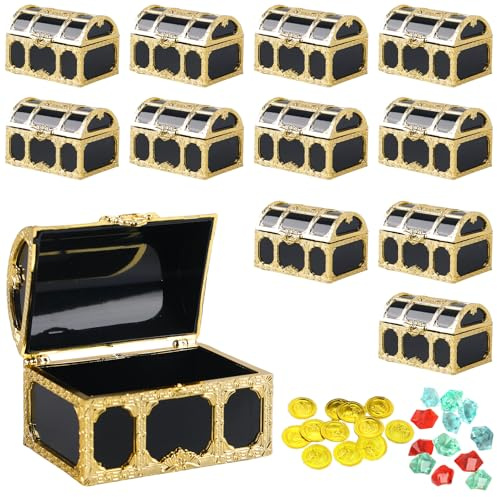 PRITOK 12 pièces Mini Coffre de Pirate : Petit coffre au trésor en plastique avec 12 pièces d'or et 12 pierres précieuses, coffre de pirates pour la décoration et le rangement de fête de pirates, 7,5