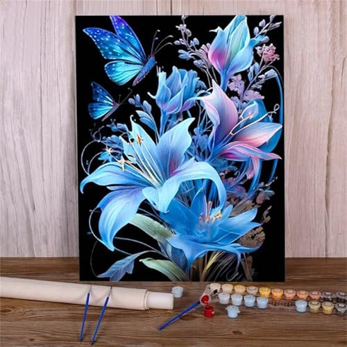 Suneve Malen Nach Zahlen Erwachsene Blaue Lilie Paint by Numbers DIY mit Pinseln und Acrylfarben Malen Nach Zahlen,Schmetterling Handgemalt Ölgemälde Leinwand Kunst für Home Decor,ohne Rahmen 55x70cm