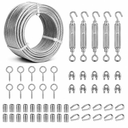 hannger Drahtseil 3mm Set - 30M 3mm PVC-ummanteltes Verzinkt Stahlseil mit ösen, M5 Seilspanner Spannschloss, Spanndraht Seilspanngarnitur, Rankhilfe für Kletterpflanzen, für Wäscheleine, Gardinen