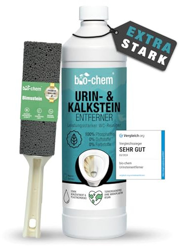 bio-chem Urinsteinentferner EXTRA STARK - 1000 ML inkl Bimsstein - Extrem kraftvoller & hochkonzentrierter Profi WC-Reiniger - Entfernt mühelos hartnäckigste Ablagerungen und Gerüche - Made in Germany