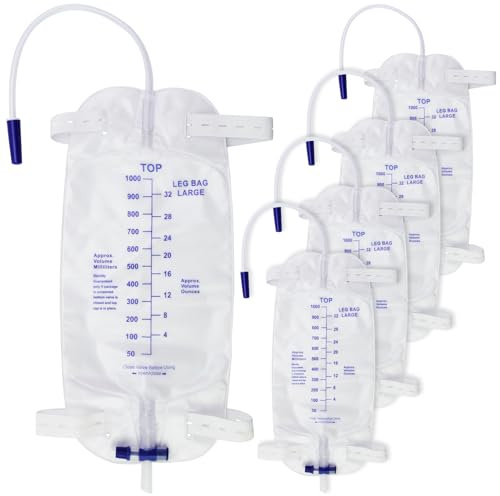 1000ML Catheter Leg Bags for Men,5PCS Urinary Drainage Urine Bag for Incontinence Male,2 Adjustable Elastic Straps-Strong Grip,Automatic Drain Switch