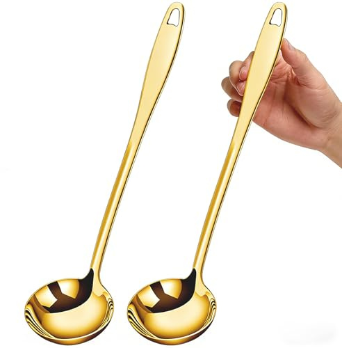 Soup Ladle, 2Pcs Stainless Steel Ladle spoon, 12.2Inch Metal Ladle, Long Handle Serving Spoon Gravy Ladles for Cooking Buffet, Party, Kitchen, Gold