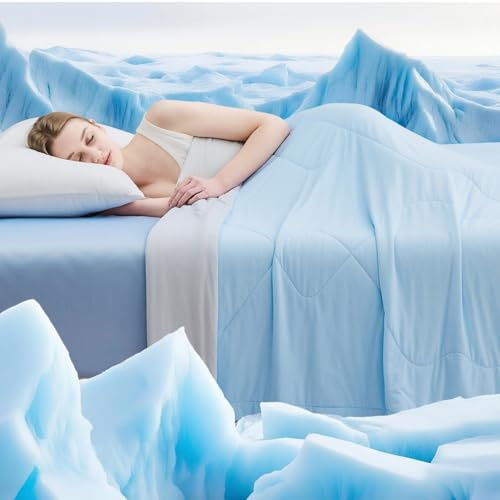 EMME Cooling Comforter Queen Size, Double Sided Cold Fabric Cooling Blanket for Hot Sleepers, Q-Max>0.45 Breathable Summer Quilt for Night Sweater, Lightweight Duvet Insert (Blue,90 x 90)