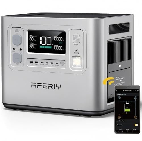 AFERIY 2400W Tragbare Powerstation (Peak 4800W), 2048Wh LiFePO4 & 1,5Std Schnellladung Solargenerator, 13 Ausgänge, <10ms USV, BMS, Sinuswelle 230V, für Wohnmobil/Notfall/Garten/Camping, Silber
