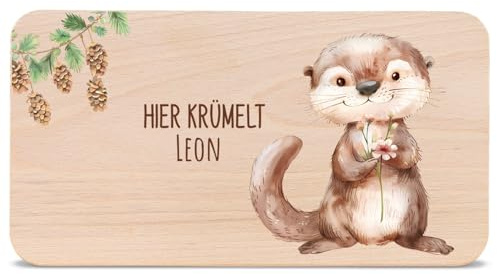 GRAVURZEILE - Bedrucktes Frühstücksbrettchen aus Holz - Hier Krümelt Otter mit Blume - Personalisiert mit Namen - Geschenk für Kinder - Lebensmittelechter, umweltfreundlich Druck (GreenGuard Gold)