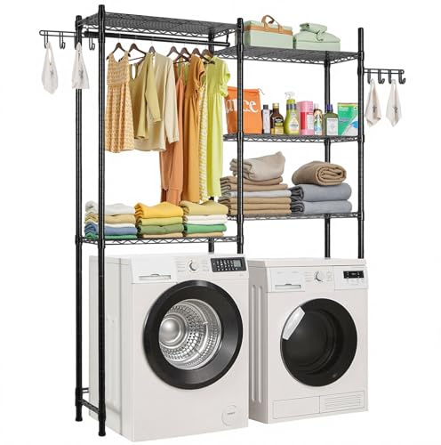 VEVOR Estante de Almacenamiento para Lavadora y Secadora, Tendedero de 5 Niveles con Barra y Ganchos, Estantes Ajustables de Dos Filas para Lavadora, Ahorra Espacio para Lavadero, Color Negro