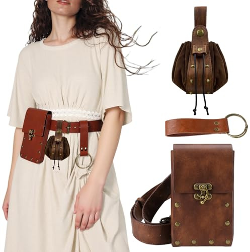 Vercico Mittelalter Kleidung für Damen Herren Accessoires Set, Wikinger Gürtel Lederbeutel Armschienen Vintage Renaissance Ritter Deko (Braun-3PCS)