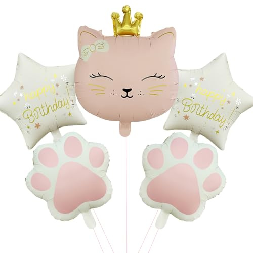 DazzJoy 5 Stück Katzen Deko Geburtstag Luftballons, XXL Luftballon Katze Tiere Ballons, Folienballon Tiere Geburtstag Katze Deko, Katzen Helium Ballons für Party Animals, Babyparty, Kindergeburtstag