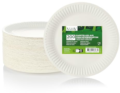 Vaily Pappteller rund 22,5 cm 200er Pack - Umweltfreundliche Einwegteller, Partyteller, Einweggeschirr für Grillfeste, Partys, Geburtstage und Picknick, Weiß