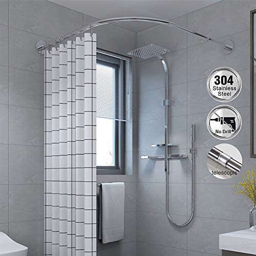 Barra de cortina de ducha curvada en forma de L, extensible, sin taladrar, barra de baño de acero inoxidable, evita la flacidez para bañeras de esquina