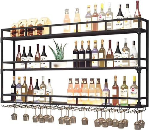 Modernes LED-beleuchtetes wandmontiertes Weinregal aus Metall mit Glashalter Schwebendes Regal Display-Regale für Haus, Bar und Küche 3-stöckiges Design (schwarz 150X25X90cm)