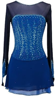 MEILYA Robe de Patinage Artistique Bleu Full Drill À Manches Longues Vêtements de Patinage sur Glace pour Filles Élasticité Adultes Gymnastique Professionnelle Costumes de Danse,Bleu,L