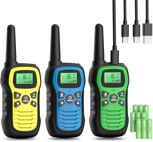 Walkie Talkie Kinder, Walkie Talkie Aufladbar Geschenk ab 3-12 Jahre Kinder mit 16 Kanäle, Walki Talki mit 3 Meilen Große Reichweite, VOX Funktion, Tastatursperre für Wandern Camping Abenteuer