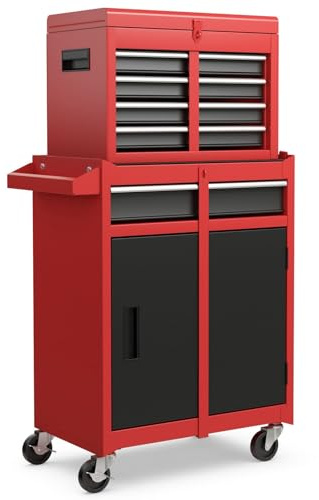 Sedol High‑Capacity Tool Storage Cabinet with Lockable Wheels – Black & Grey Heavy‑Duty Steel Chest + Cabinet with 5 Drawers, Adjustable Shelf & Hooks for Workshop, Garage or Home Use (Red & Black)