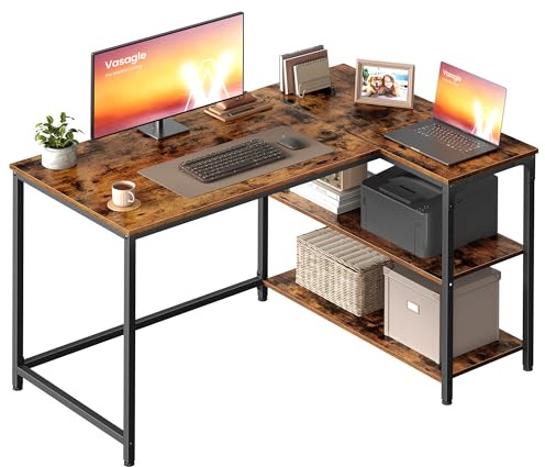VASAGLE L Shaped Corner Desk, Computer Gaming Desk with Storage, Reversible Height-Adjustable Shelves, for Home Office, 110 x 80 cm, Rustic Brown LWD135KD01