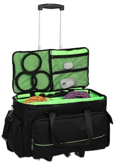 Large Rolling DJ Cable Bag, Green Padded Gig Bag with Detachable Trolley & Divider, 600D Oxford Music Gear Case with Multi Pockets for 15.6 Laptop, DJ Cables, Microphones, Sound Equipment Storage