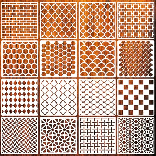 Bafutayawa Plantillas Diseño de Pared Grandes 16 Piezas 30x30cm Patrones Geométricos Pintura Plantilla Reutilizable Stencil Pared para Muebles Azulejos Suelo Madera
