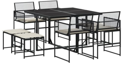 HETFTJN 9-teiliges Schwarzes Poly-Rattan Balkonmöbel-Set Gartentisch 110x107x72 cm mit 4 Klappstühlen und 4 Hockern wetterfestes Outdoor Dining Lounge Set für kleine Balkone Terrasse und Garten