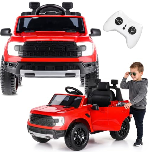SUN BABY Ford Raptor - Elbil för Barn 3-6 År, Elektrisk Bil 12V 4,5Ah, Fjärrkontroll för Föräldrar, MP3, LED-Ljus, Fjädring - Röd