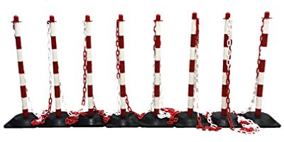 Flexibarrier - Kit de barrera de cadena y poste - Basic-, color rojo, blanco y negro y amarillo - Base de goma, 8 posts / 10m chain, 1