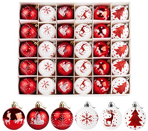 Homewit Weihnachtskugeln, 30 Stücke 6CM Kunststoff Christbaumkugeln Weihnachtsdeko mit Weihnachtsbaumschmuck Traditionelles Thema Rot Weiß, Weihnachtsbaum Bälle Dekorationen für Weihnachten