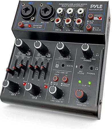 Pyle Professional Wireless DJ Audio Mixer - 4 Channel Bluetooth Controller Sound Mixer, USB Audio Interface, 2 Combo Jack XLR+6.35mm Mic/Line/Guitar in, 3.5mm, RCA AUX, Headphone Jack - PAD43MXUBT