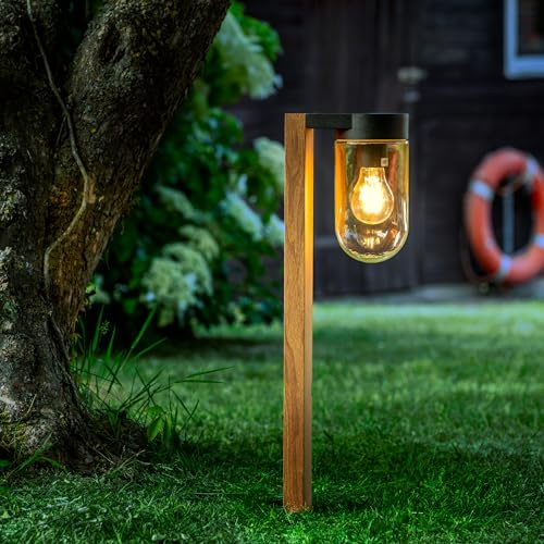 Outdoor Pollerleuchte - spritzwassergeschützte Sockelleuchte in moderner | Outdoor Pollerleuchte - spritzwassergeschützte Sockelleuchte in moderner Holz-Optik - Metall/Glas Braun/Schwarz - 55cm Höhe