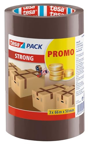 tesa Pack Strong – Nastro adesivo silenzioso per imballare pacchetti e scatole di spedizione, marrone – 3 rotoli da 66 m: 50 mm