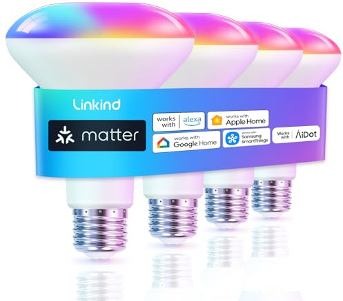 Linkind Matter Smart Light Bulb, BR30 Smart Bulbs, Recessed LED Color Changing Light Bulbs RGBTW, E26 Smart Flood Light Bulbs 650LM 60W Work with Alexa, Apple Home, Google Home, SmartThings, 4Pack