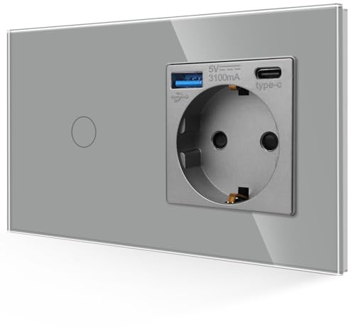 JIMEIDA Toma USB con interruptor de luz en color gris, Toma Schuko de empotrar 3 en 1 cristal 16A con 1 cargador USB y 1 puerto Tipo C, interruptor de pared táctil de 1 vía 1 pin con LED de estado