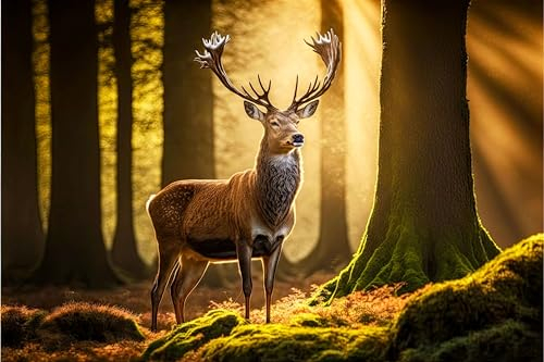 Holz-Bild 140 x 90 cm: Hirsch blickt auf die Frühlingssonne im Wald mit grünem Moos und hohen Bäumen, generativer ai (198623149)