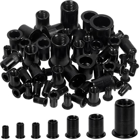 Glarks 50Pcs 3/8”-16UNC Rivet Nuts Kit Black Zinc Plated Carbon Steel Flat Head Rivnut Threaded Insert Rivet Nuts Assortment Set
