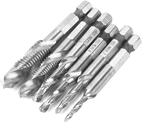 Drill and Tap Set, 6Pcs High Speed Metric Drill Bit Set, 6.35mm Hex Shank Tap Drill Bit Compound Tap Thread Drill Bits Bolts Deburring Tool M3-M10(Silver Coated)