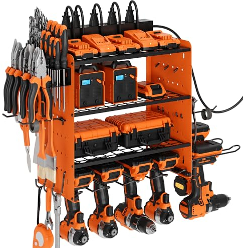 Sttoraboks Modular Power Tool Organizer with Charging Station, Wall Mount Garage 4 Drill Shelf Rack with hooks, Heavy Duty Tool Battry Holder Built in 8 Outlet Power Strip, 3 Layers Shelf, Orange