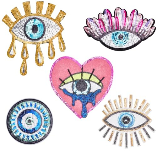 INFUNLY 5 Stück Eisen Auf Böse Auge Patch Böse Auge Paillette Patches Klebstoff Böse Auge Patches Herz Auge Stickerei Patches Applikation Zum Diy Kleidung Jeans Taschen Hut