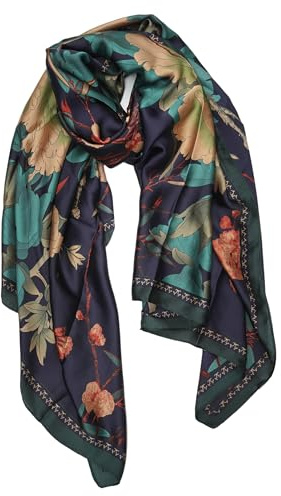 YOUR SMILE Large Mulberry Silk Feeling Long Stain Scarf Lightweight Sunscreen Shawls Wraps for Women (18 Navy Green/Flower)