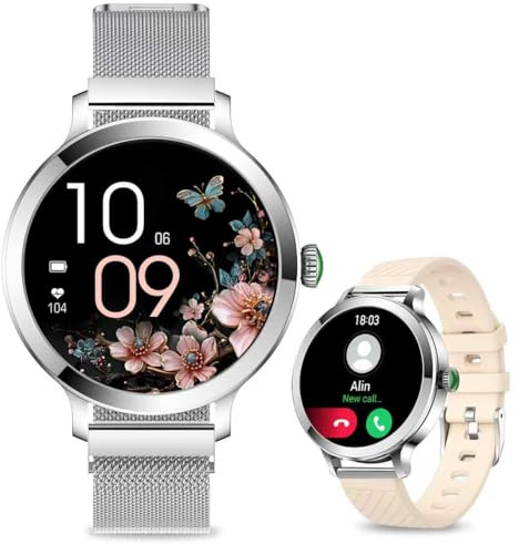 Efolen Montre Connectée Femme avec Appel Bluetooth, 1.1 AMOLED Ronde Smartwatch Moniteur de Sommeil Fréquence Cardiaque, 110+Sport Montre Intelligente, IP68 Podometre pour Android Argent