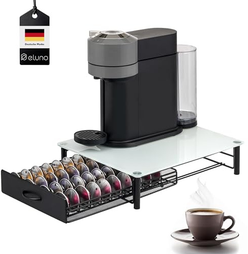 eluno Kapselhalter für 40x Nespresso Vertuo, Schubladenbox, Glas-Maschinenständer Metall und Glasplatte, Kaffeekapselbox, Kapselspender ca. 33,5 x 9 x 41 cm (B/H/T) (weiß)
