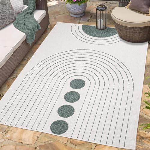 carpet city Outdoor Teppich Wetterfest 120x170 cm - Creme-Grün - Wendeteppich, Beidseitiges Kreisförmiges Muster - Balkonteppich Wasserfest Outdoor - Terrassenteppich