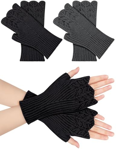 Becellen Fingerlose Handschuhe Damen, Winter Warme Pulswärmer Stricken Halb Fingerlose Handstulpen für Frauen Mädchen (Schwarz/Grau)