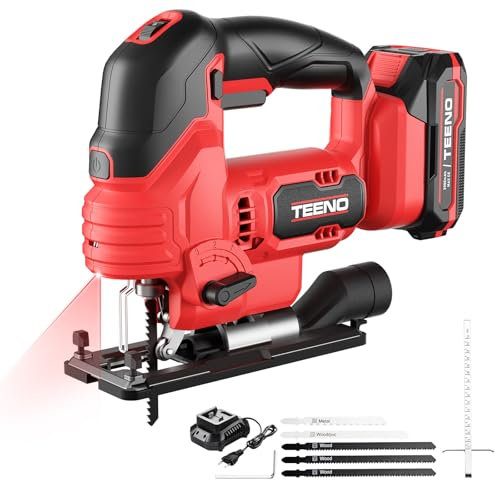 TEENO Seghetto Alternativo Senza Fili Per Batteria Makita 20V, Seghetto Alternativo laser 800-3000 SPM, 6 VELOCITÀ, LED, Angolo ±45°, 5 lame per Legno, Plastica, Metallo (una batteria, 2.0 AH)