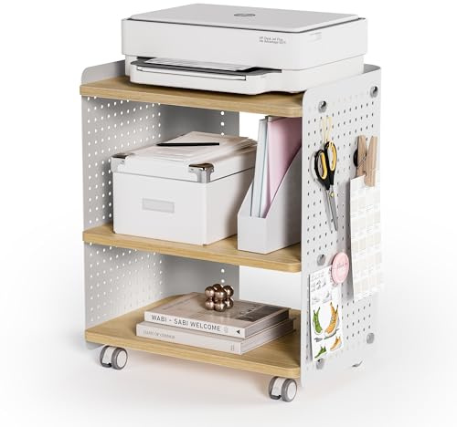 Fenge Druckertisch mit Rädern Mobiler Druckerhalter mit Pegboard 3 Ebene Druckerständer/Rollcontainer mit Organizer Regal Aktenschrank für Büro Zuhause 45,3x33,5x53,5cm (Eiche+Weiß)