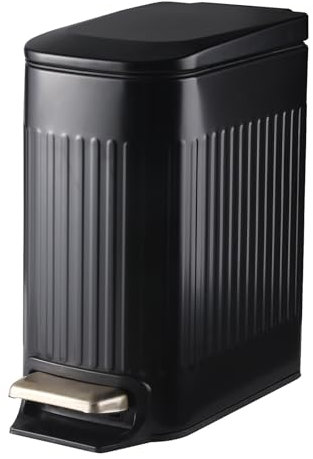 ELPHECO Slim Bathroom Trash Can Foot-Operated Stainless Steel Garbage Can with Soft Close Lid Step Trash Bin with Removable Inner Bucket for Bedroom, Office, Kitchen (Matt Black, 1.8 Gallons)