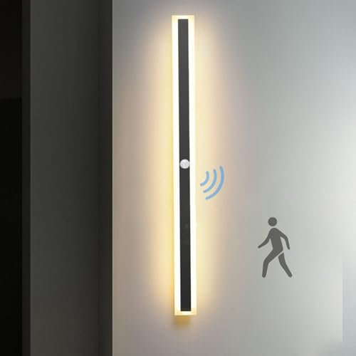 LED Wandleuchte mit Bewegungsmelder Wandlampe Schwarz Lang Innen Wandlicht IP65 Wasserdicht Aluminium Acryl Wandbeleuchtung Moderne für Schlafzimmer Wohnzimmer Treppen Badezimmer (Warmes Licht,100cm)