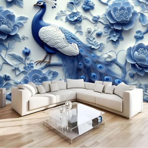 JEDTAKCT 300X210Cm Seidetapete Pfingstrose Pfautapete Elegance Tapete Im 3D Tier Design Tapete Wandtapete Wohnzimmer Schlafzimmer Flur Strukturtapete